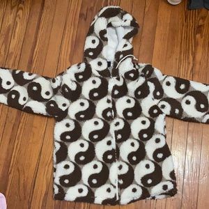 PacSun Brown fluffy ying yang print small zip up sherpa